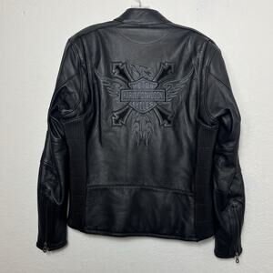 Harley Davidson Men's black leather jacket Embroidered logo front & back Size M